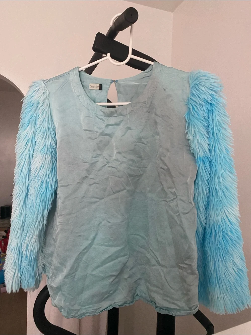 Sky Blue Faux-Fur Sleeve Round-Neck Blouse